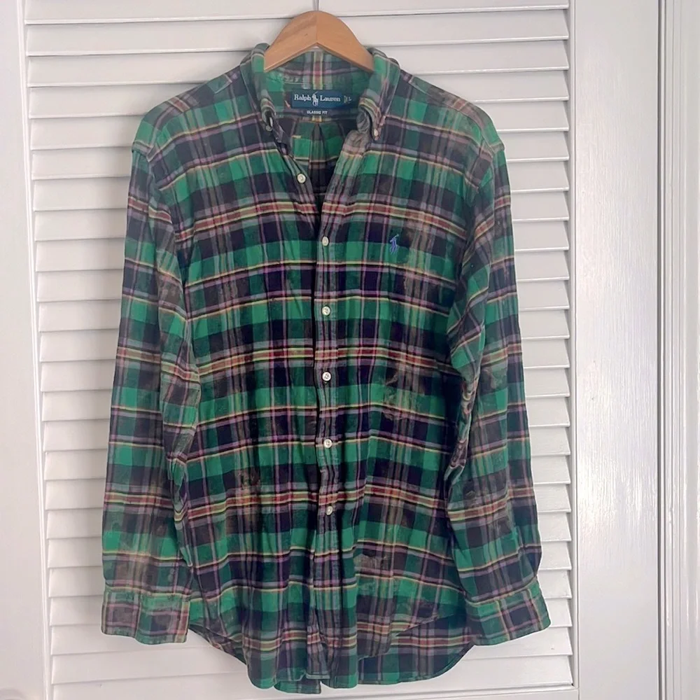 Vintage POLO Ralph Lauren Plaid Flannel Button Down Shirt Custom Bleach Dyed
